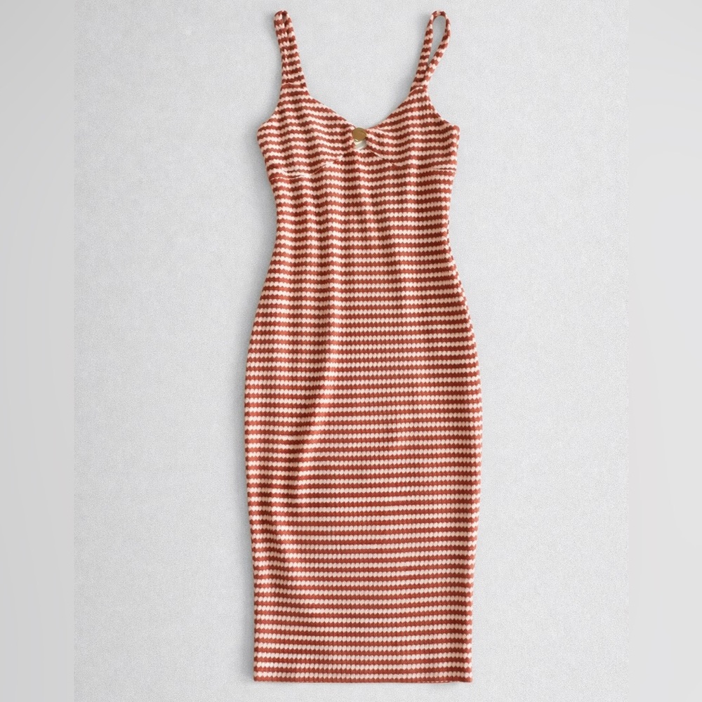 Derek Heart Retro Gingham Stripes Knit Midi BodyCon Dress with a wooden O-ring